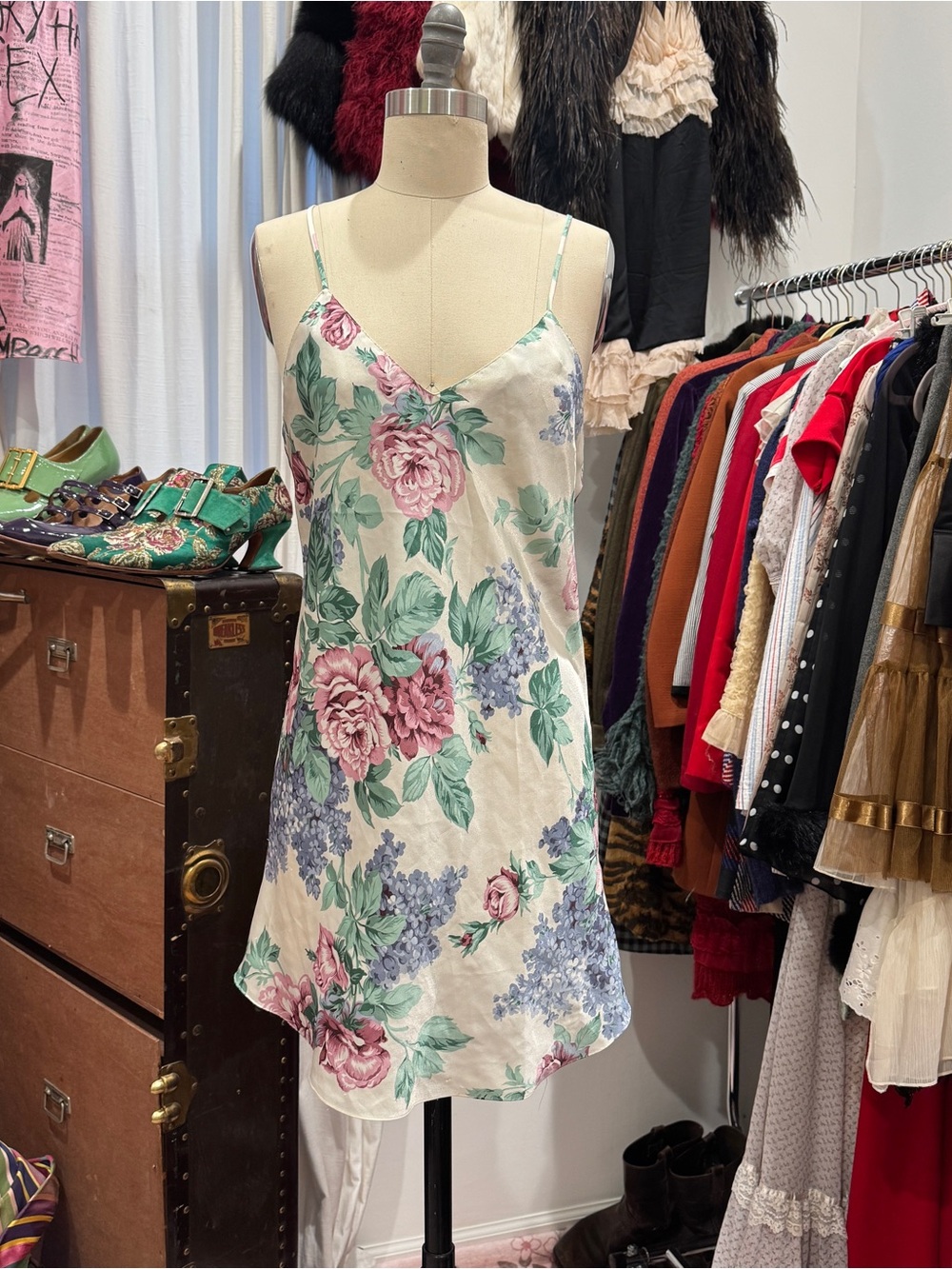 La Mouette Cream Satin Floral Slip Dress with Pink & Green Print